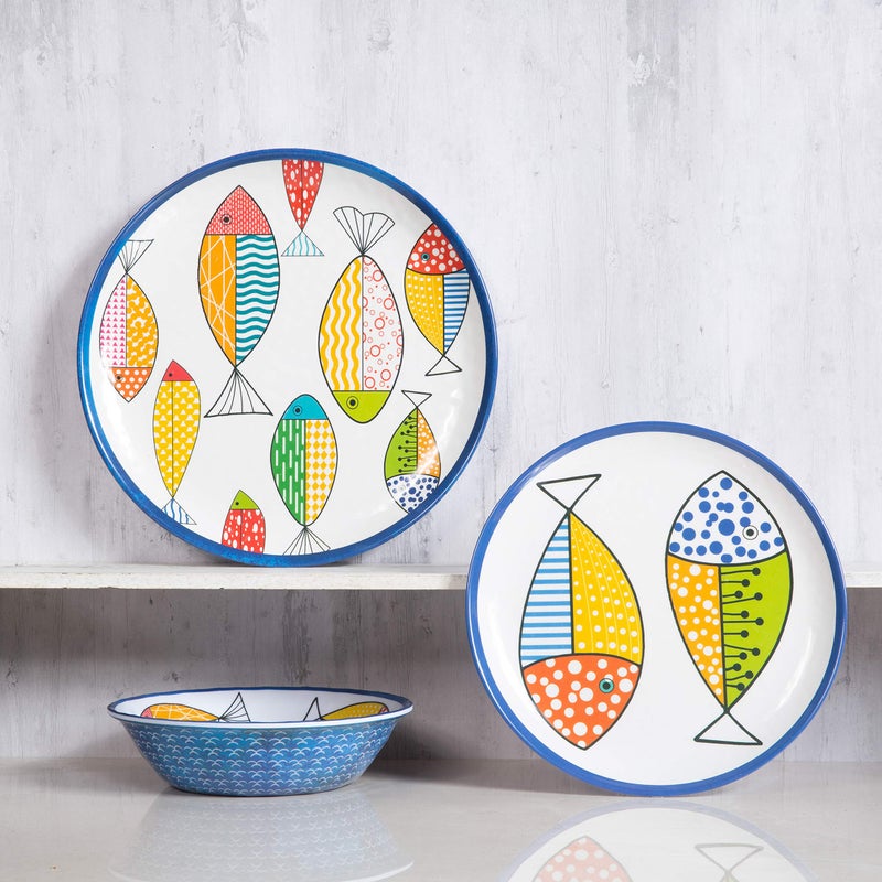 Gofunfun Melamine Dinnerware set for 4, Plates and Bowls Sets, Great for Camper, RV, Indoors Outdoors Use with Ocean Printed, Unbreakable - Image 1